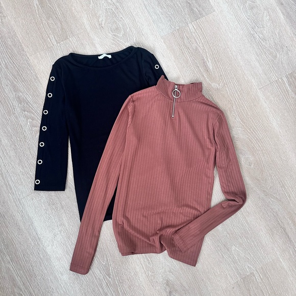 Women’s Ribbed Tops Bundle, Black Grommet Sleeve Top & Rust Zip Mock Neck Top - Picture 1 of 14
